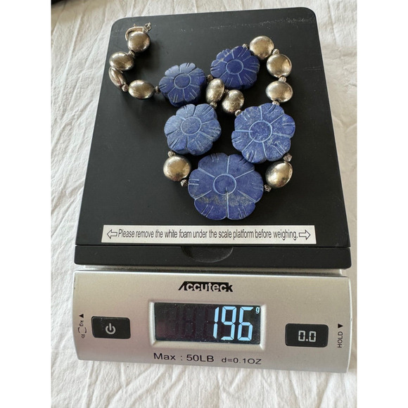 Vintage Heavy Natural Lapis Lazuli Flowers Carved Necklace Statement Piece 19" - Picture 11 of 11